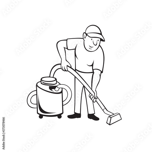 Commercial Carpet Cleaner Worker Vacuuming with Vacuum Cartoon Black and White