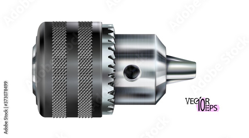 Modern steel realistic silverish or chrome drill chuck. Professional holder for drills bit, working tool isolated on white background. Vector illustration.