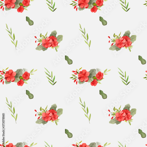 Red flowers and green branches leaves pattern. Watercolor illustration. Art background. 