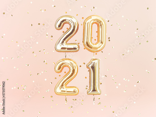 Happy New 2021 Year. Holiday llustration of golden foil numbers 2021. 3d rendering sign. Festive poster or banner design idea.