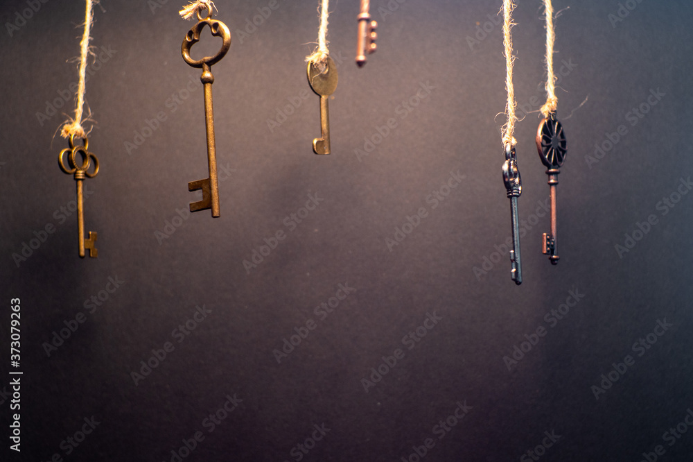 A lot of different old keys from different locks, hanging from the top on strings. A lot of different old keys from different locks, hanging from the top on strings.