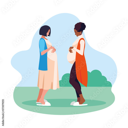 pregnant women cartoons at park vector design