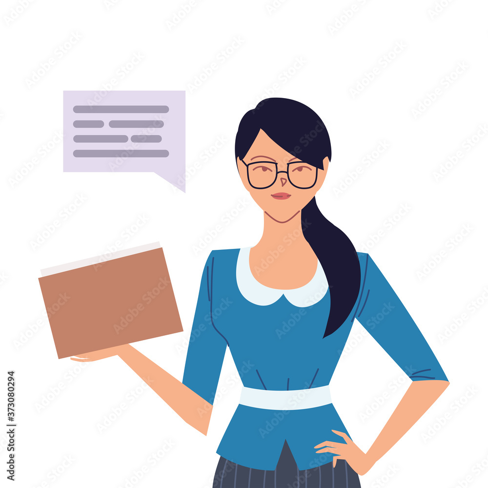 businesswoman cartoon with communication bubble and file vector design businesswoman cartoon with communication bubble and file vector design