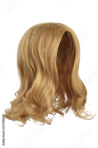 Subject shot of a natural looking straw blonde wig without bangs. The shoulder-long wig with twisted strands is isolated on the white background. 
