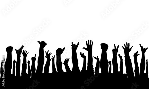 Raised hands of crowd of people, silhouettes. Vector illustration