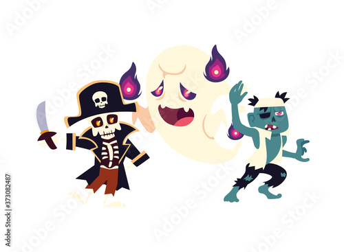 Halloween skull pirate ghost and zombie cartoons vector design