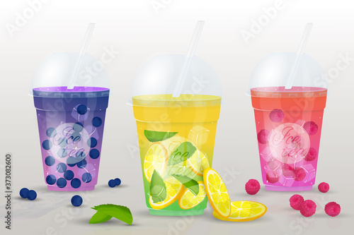 Set of ice tea. Glasses of fresh fruit juices