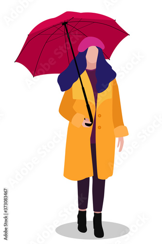 Bright vector illustration of a young fashionable woman or girl in an autumn coat, beret and with an umbrella isolated on a white background. Character in trendy flat cartoon style