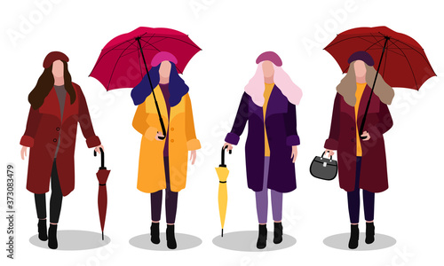 Fashionable young woman or girl in autumn coat with umbrella isolated on white background. Character in various poses. Trending flat cartoon style. Vector illustration. Character in trendy flat style