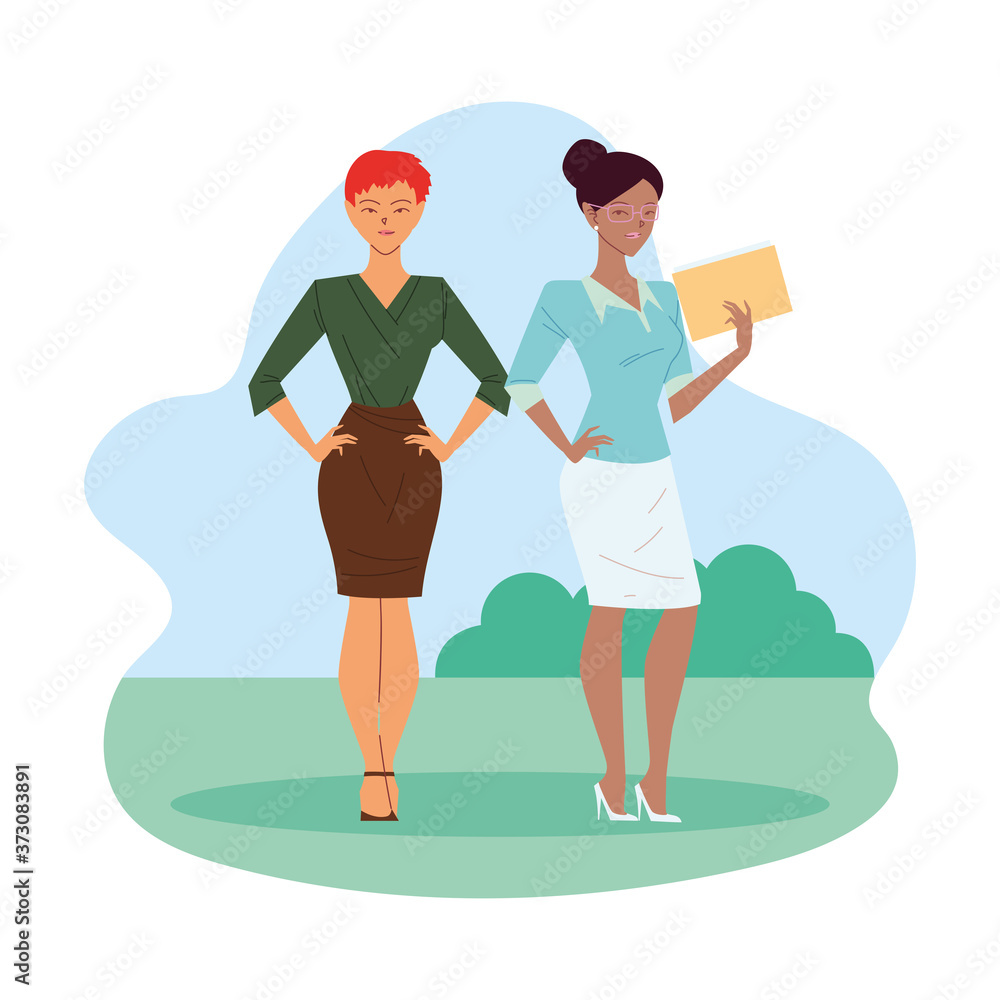two businesswomen cartoons with file at park vector design