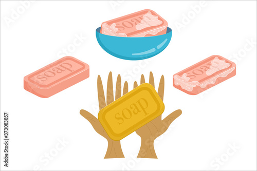 A set of personal care items isolated on a white background. Soap with foam soap in the soap dish and hands. Clean hands during the pandemic and get rid of germs. Stickers, stickers for bathrooms.