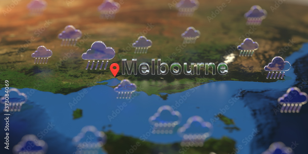 Rainy weather icons near Melbourne city on the map, weather forecast related 3D rendering Rainy weather icons near Melbourne city on the map, weather forecast related 3D rendering