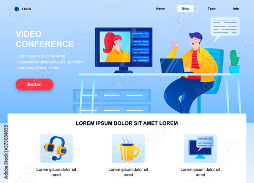 Video conference flat landing page. Colleagues discussing project online web page. Colorful composition with people characters, vector illustration. Online talking, teleconference, video call concept