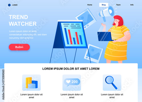 Trend watcher flat landing page. Marketer study actual trends web page. Colorful composition with people character, vector illustration. Professional trend watching, online marketing research concept