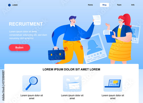 Recruitment flat landing page. HR manager and candidate with CV web page. Colorful composition with people characters, vector illustration. Human resource management and staff headhunting concept