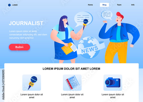 Journalist flat landing page. Correspondent interviewing man web page. Colorful composition with people characters, vector illustration. Breaking news reportage, TV broadcasting, press release concept