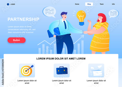 Partnership flat landing page. Businesspersons handshaking web page. Colorful composition with people characters, vector illustration. Partners agreement, project teamwork and communication concept.