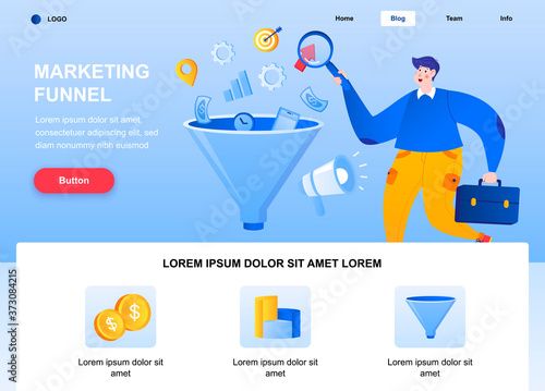 Marketing funnel flat landing page. Marketer researching data web page. Colorful composition with people character, vector illustration. Marketing analysis, strategy planning and management concept