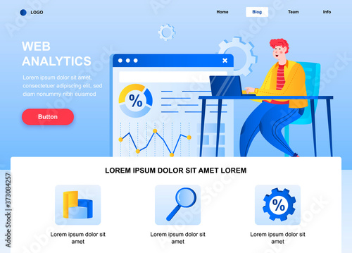 Web analytics flat landing page. Analyst analyzing data web page. Colorful composition with people character, vector illustration. Online data analysis service, stock trading information concept