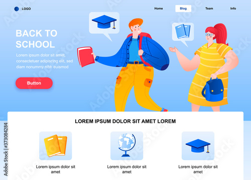 Back to school flat landing page. Woman and boy with backpack behind back web page. Colorful composition with people characters, vector illustration. School education, beginning of lessons concept