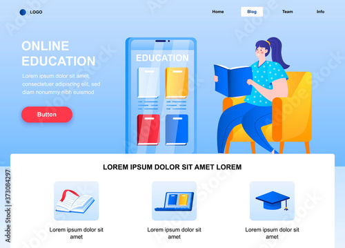 Online education flat landing page. Woman reading book in armchair web page. Colorful composition with people character, vector illustration. Distance learning, online library mobile app concept.