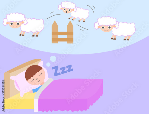 Counting sheep to fall asleep.How to relieve insomnia.A man is sleeping and dreaming.A sheep is jumping over the fence.