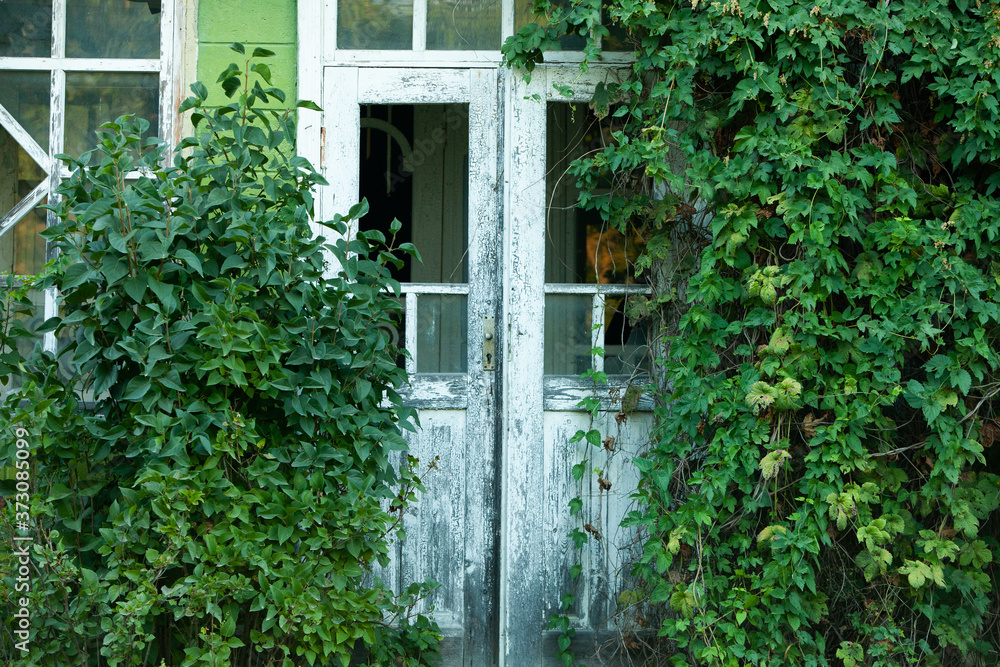 Facade of abandoned house. Old wooden door. Old wall with big vintage gates Facade of abandoned house. Old wooden door. Old wall with big vintage gates