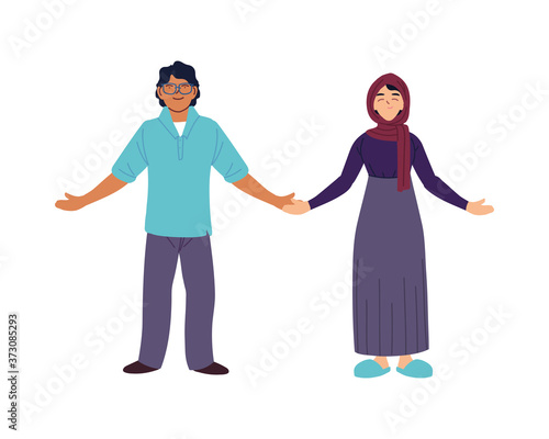 man and muslim woman cartoons vector design