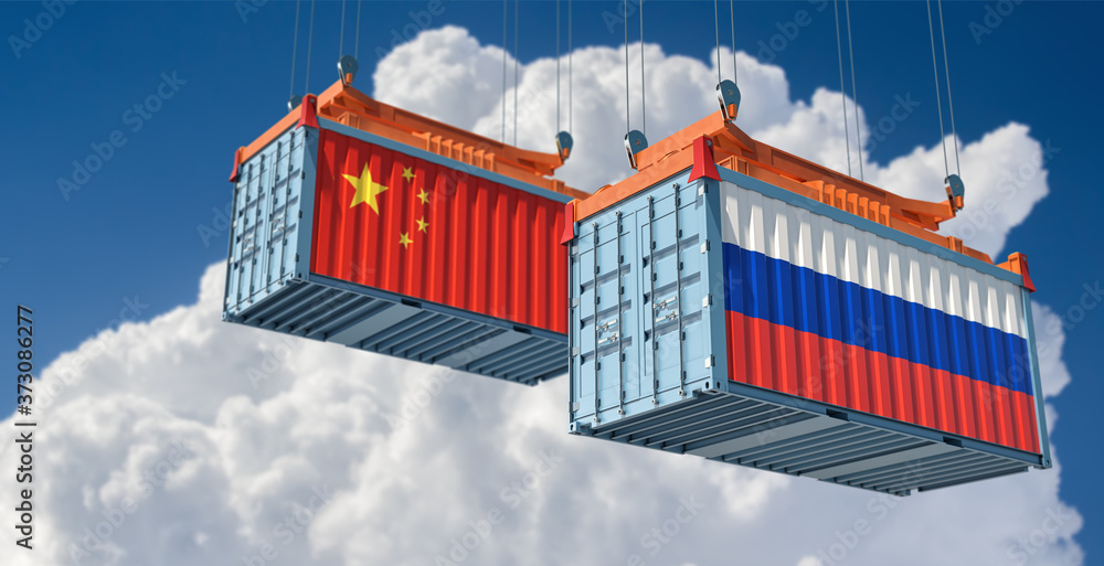 Freight containers with Russia and China flag. 3D Rendering 