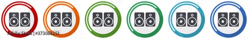 Set of music speakers, loudspeaker icon set, flat design vector illustration in 6 colors options for webdesign and mobile applications