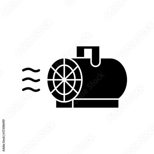 Silhouette Industrial Electric Fan Heater. Outline icon of cylindrical building dryer with handle and hot air. Black illustration of professional repair tool. Flat isolated vector on white background