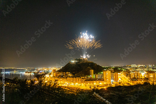 night of fireworks at Santa Barbara Castle, Alicante, Spain