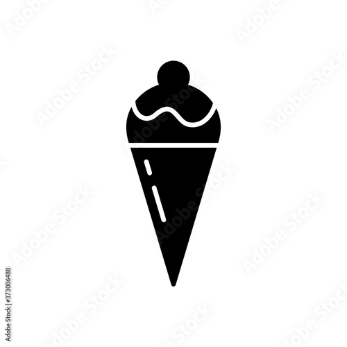 Silhouette Ice cream cone. Waffle cone, ice cream scoop with icing, cherry. Outline icon of classic summer sweet. Black simple illustration of dessert. Flat isolated vector pictogram, white background