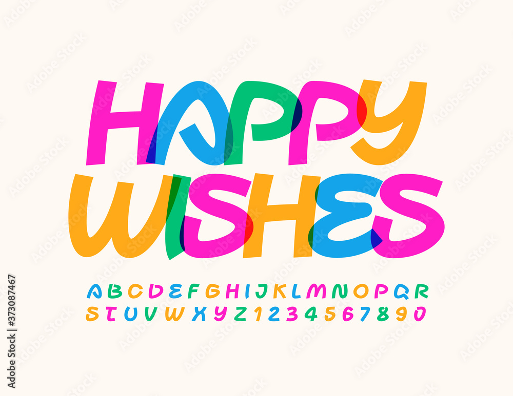 Vector creative greeting card Happy Wisher. Bright decorative Font. Colorful Alphabet Letters and Numbers