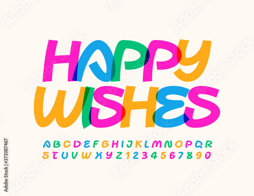 Vector creative greeting card Happy Wisher. Bright decorative Font. Colorful Alphabet Letters and Numbers