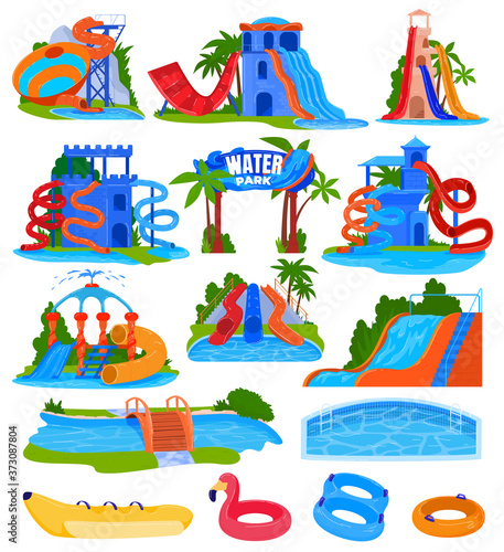 Water amusement park vector illustration set. Cartoon flat spiral plastic water slides and pipes with pool in aquapark, waterpark for fun summer outdoor activity, aqua attractions isolated on white