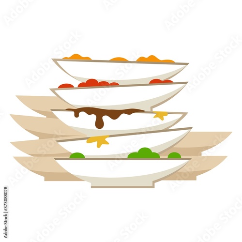 Pile of dirty dishes on white background