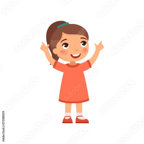 A little girl looks up and shows her fingers up. Cartoon character isolated on white background. Flat vector color illustration.