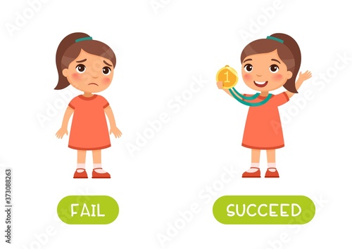 Fail and succeed antonyms word card vector template. Opposites concept. Flashcard for english language learning. Lucky winner with the medal and the sad little girl lost.