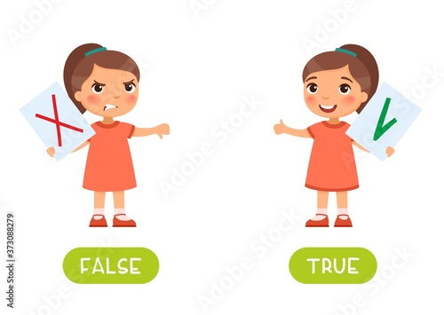 False and true antonyms word card vector template. Opposites concept. Flashcard for english language learning. Little girl protests against a lie, a child expresses positiveness for the truth.