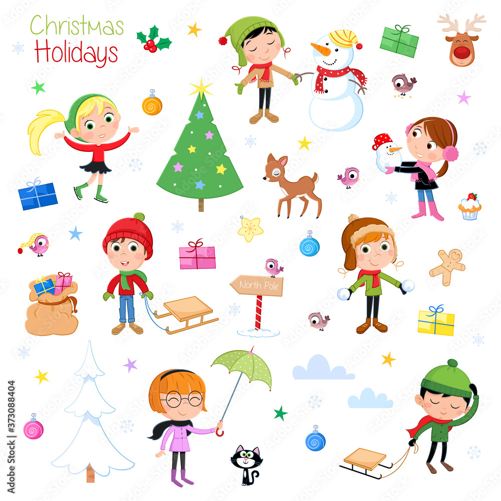 Christmas holidays - cute little kids and christmas elements isolated on the white background - decorative set