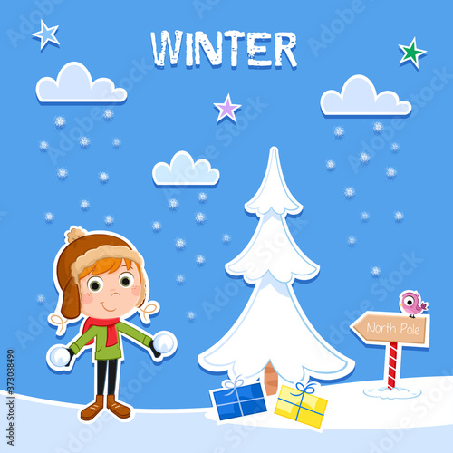 Winter time - Cute little boy and snowy day - Greeting card & poster design