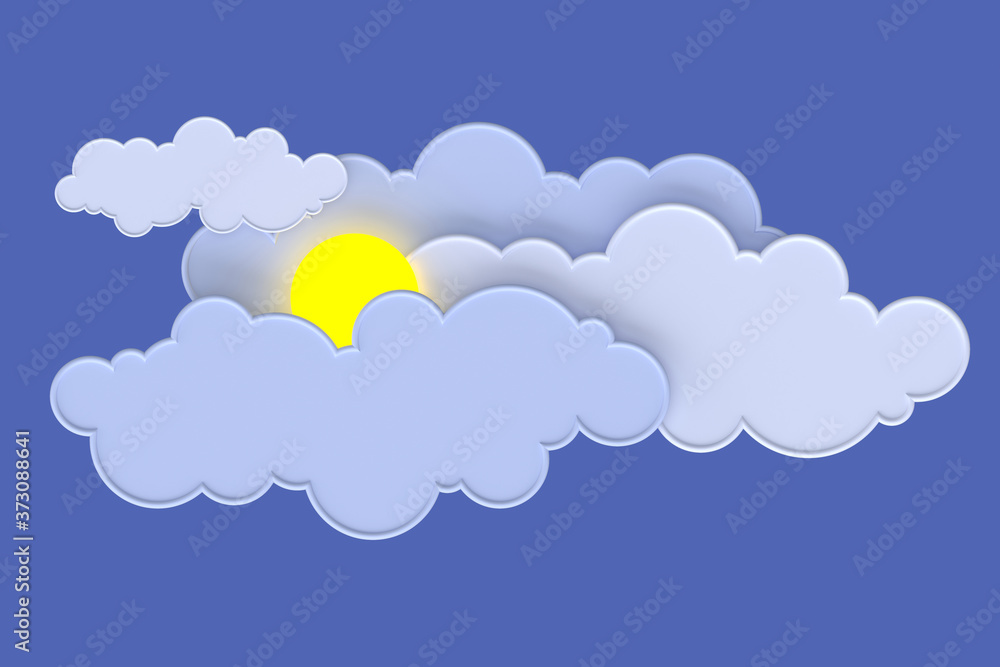 Graphic volumetric image of clouds and a blazing sun on a blue background. picture for the decoration of children's themes.