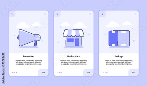 Promotion marketplace package onboarding screen for mobile apps template banner page UI with three variations modern flat outline style
