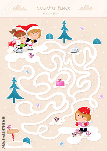 Adorable winter game suitable for preschool and school children - Find the way - Three little girls and ice skating path