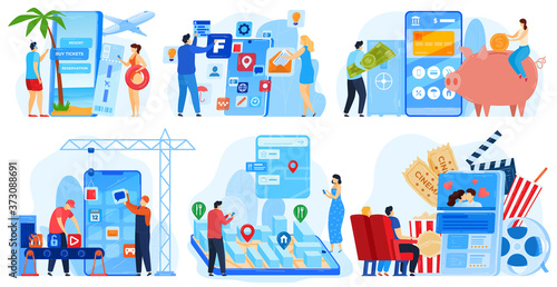 Business application development vector illustration set. Cartoon flat developer people work, develop ui web design, user characters use mobile app for banking, travel, social media isolated on white