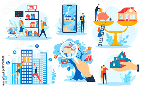 Buying house real estate vector illustration set. Cartoon flat realtor agent character offers family people to buy house, invest in property household, investment in home apartment isolated on white