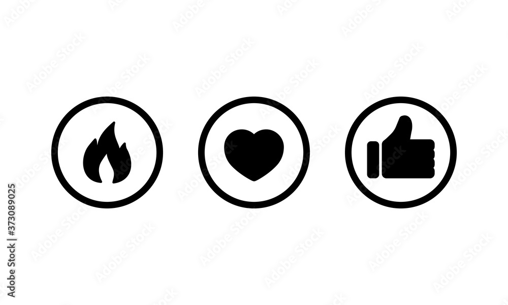 Fire, heart and like sign in circles icon. Social media concept. Vector on isolated white background. EPS 10 Fire, heart and like sign in circles icon. Social media concept. Vector on isolated white background. EPS 10