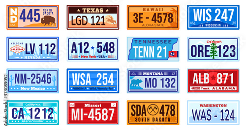American car number plate vector illustration set. Cartoon flat retro vehicle registration numberplate collection of metal sign automobile board with digits and letters from America isolated on white