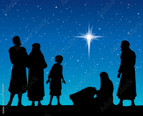 The shepherds came to bow to the newborn baby Jesus. Vector drawing